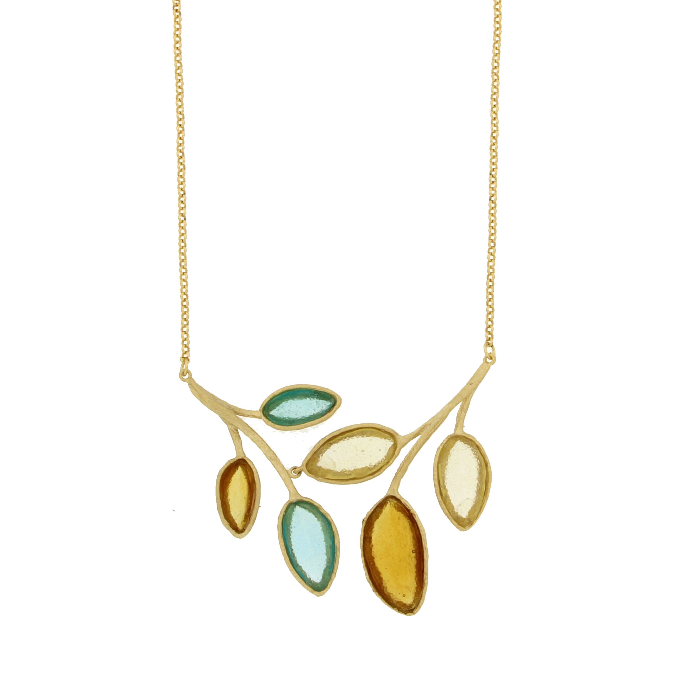 Sage 16" Adj Leaf Necklace - Teal, Amber Yellow