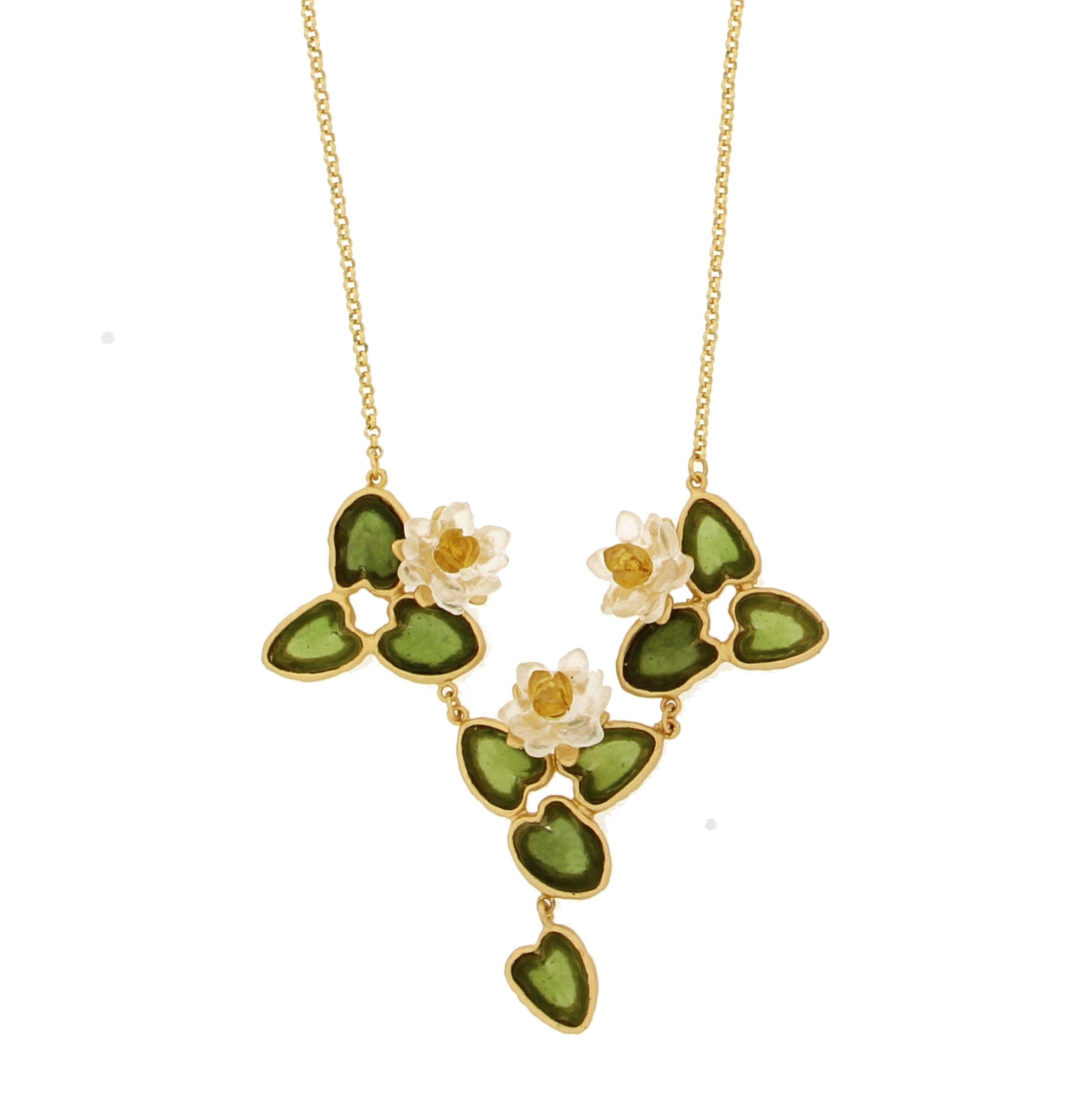 Water Lily 16" Adj. Statement Necklace - Dark Green, Frosted Clear, Butterscotch