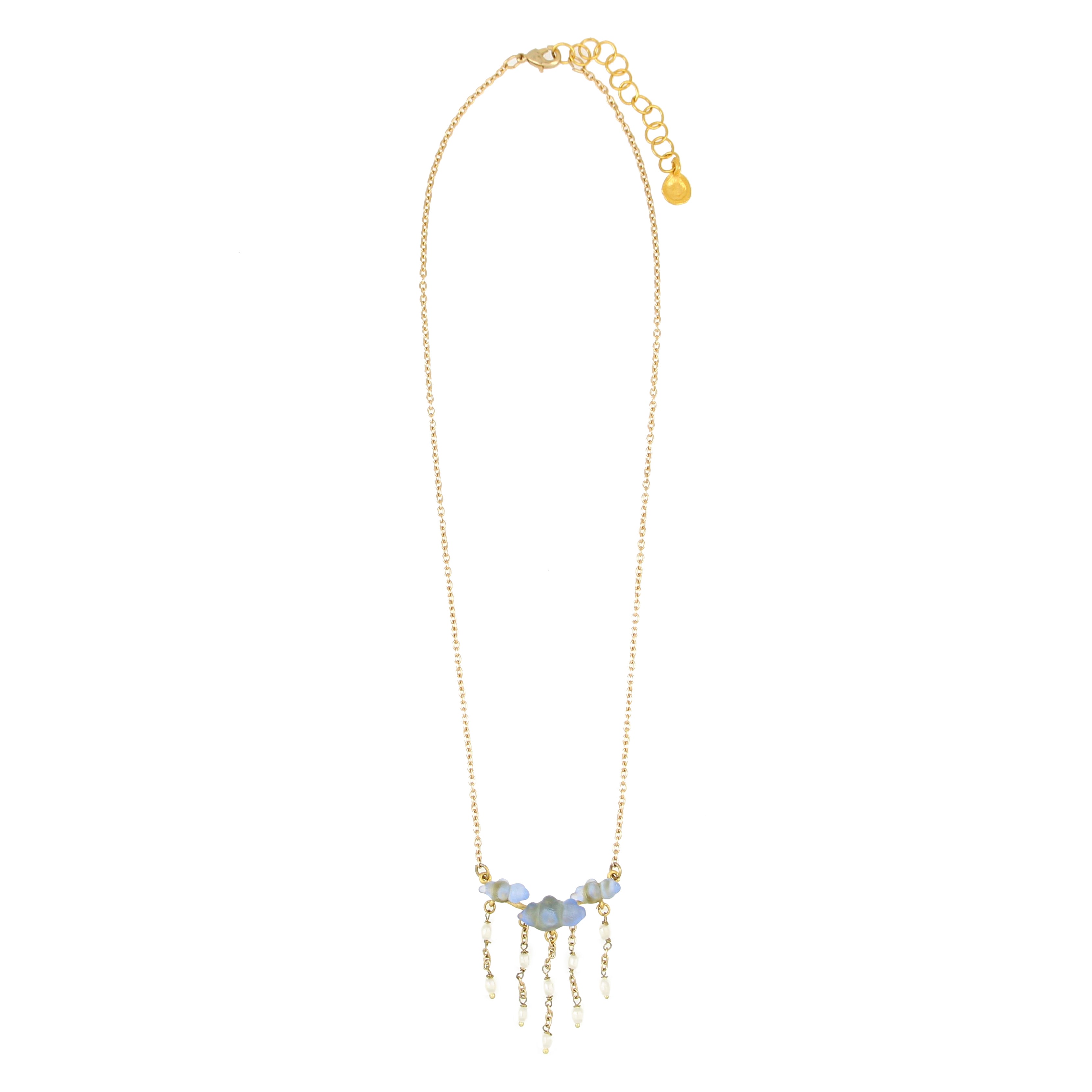 Cloud 16" Adj. Bar Necklace with Pearls - Light Blue