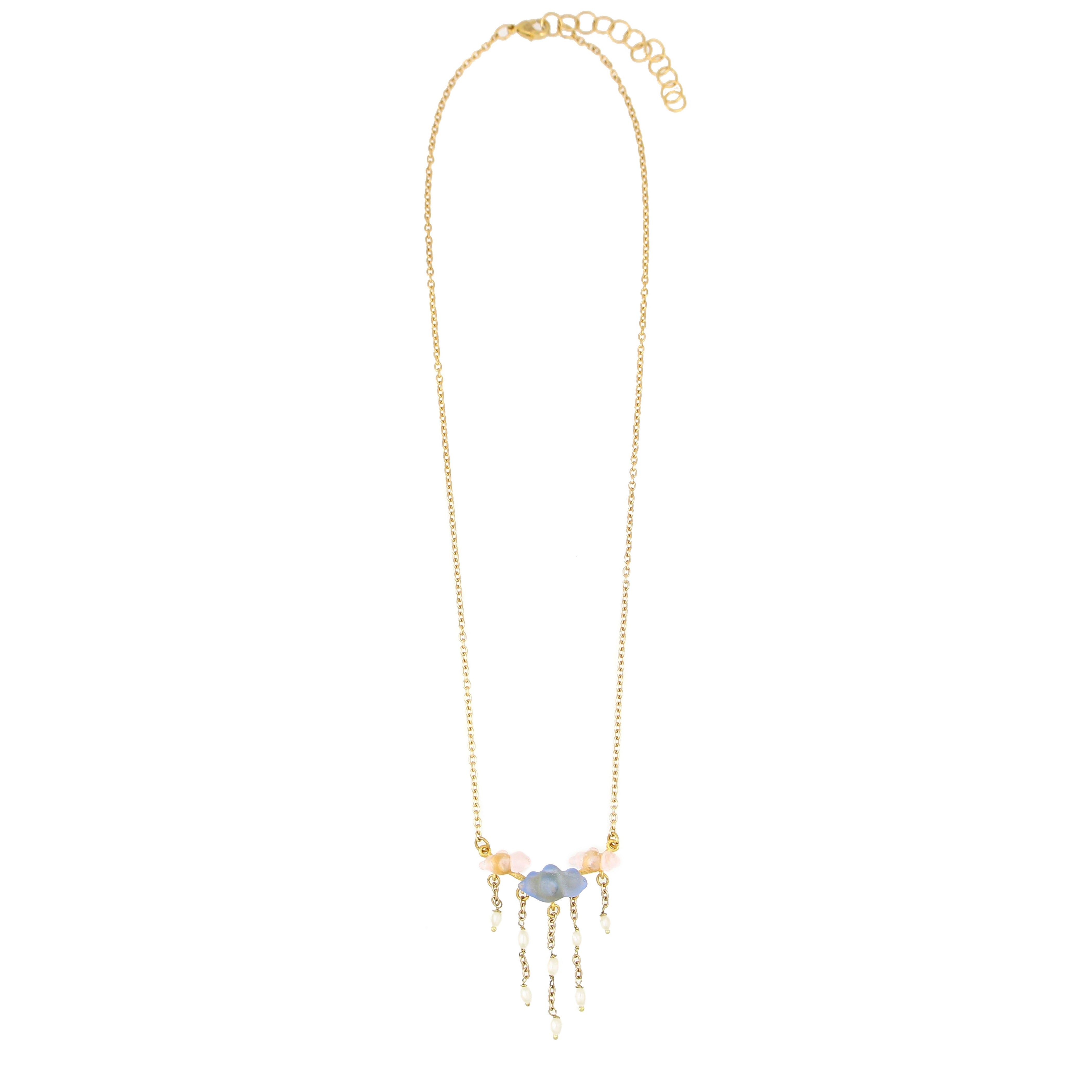 Cloud 16" Adj. Bar Necklace with Pearls - Light Blue and Light Pink
