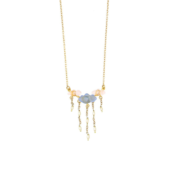 Cloud 16" Adj. Bar Necklace with Pearls - Light Blue and Light Pink