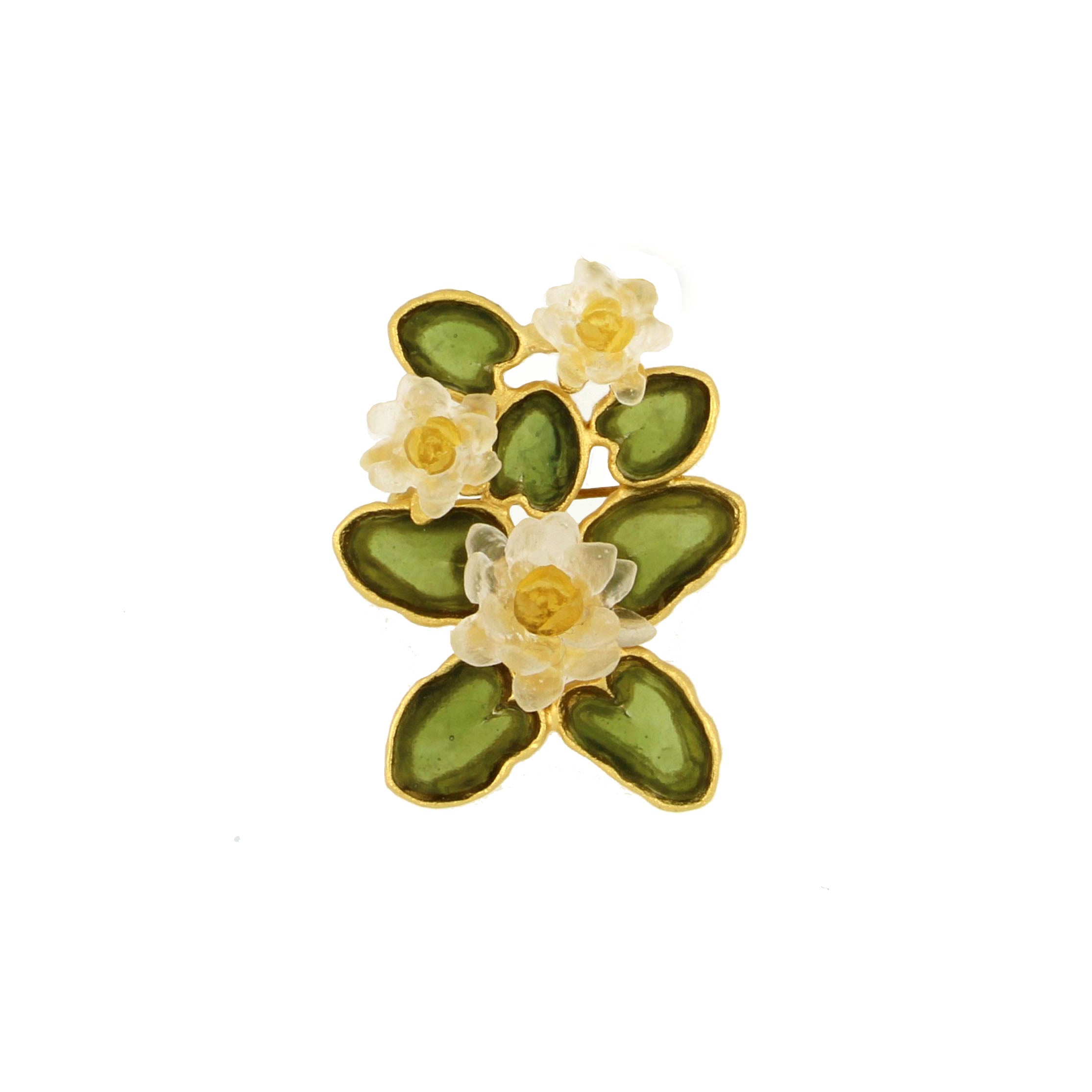Water Lily Brooch - Dark Green, Frosted Clear, Butterscotch