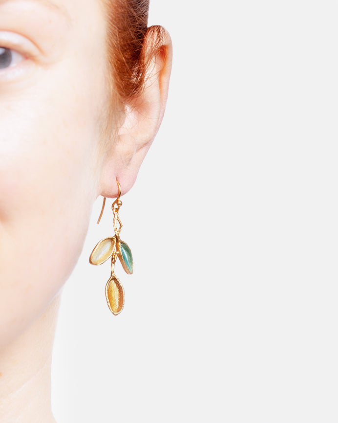 Sage 3-Leaf Drop Wire Earrings - Teal, Amber, Dark Green