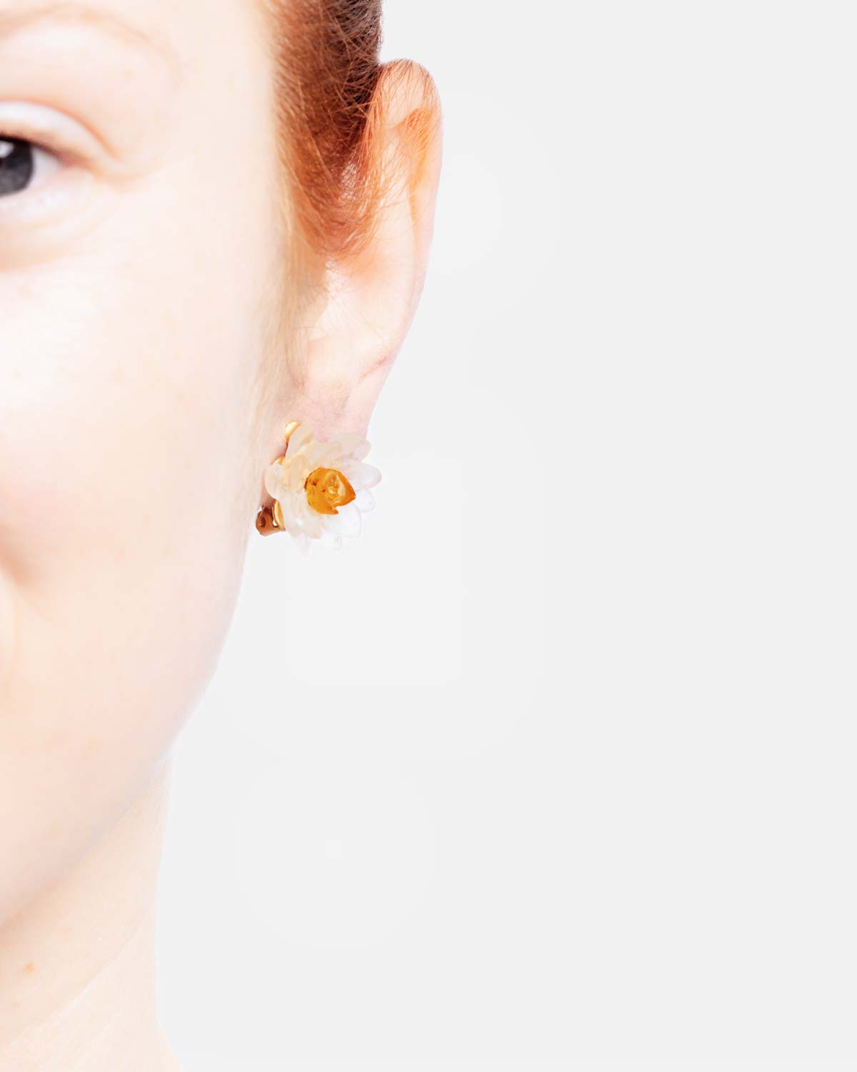Water Lily Clip Earrings - Frosted Clear and Butterscotch