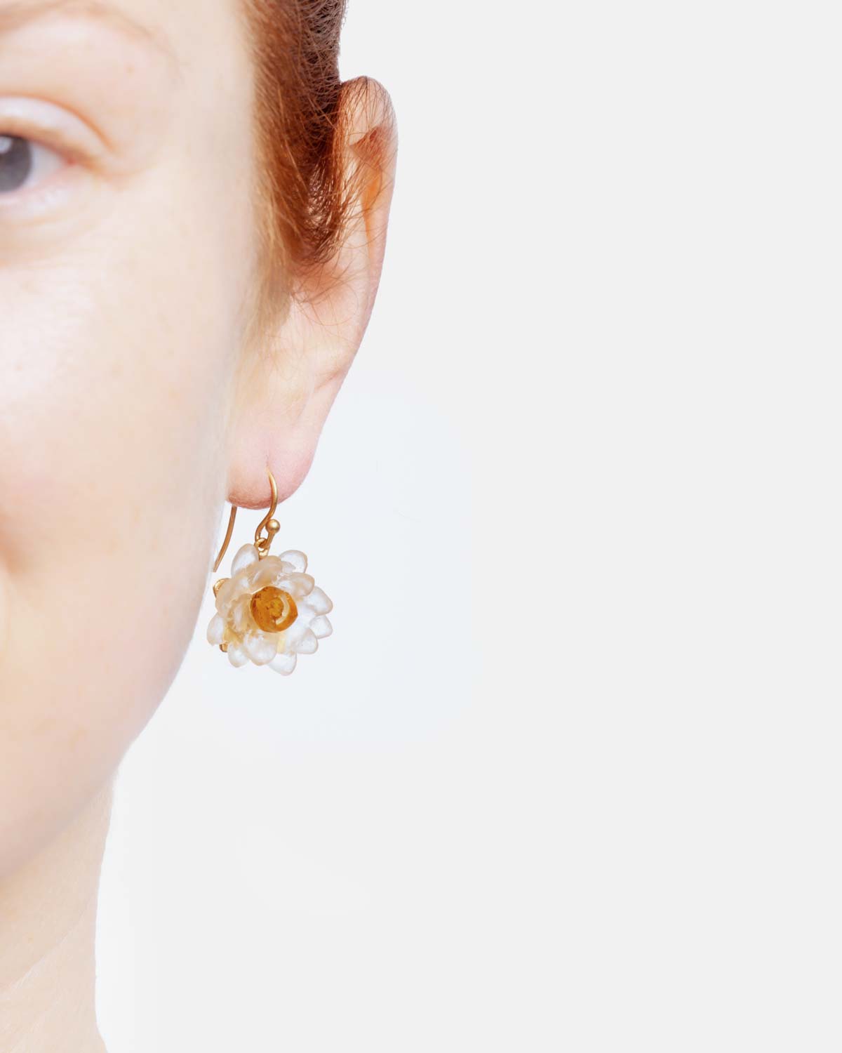 Water Lily Flower Wire Earrings - Frosted Clear and Butterscotch