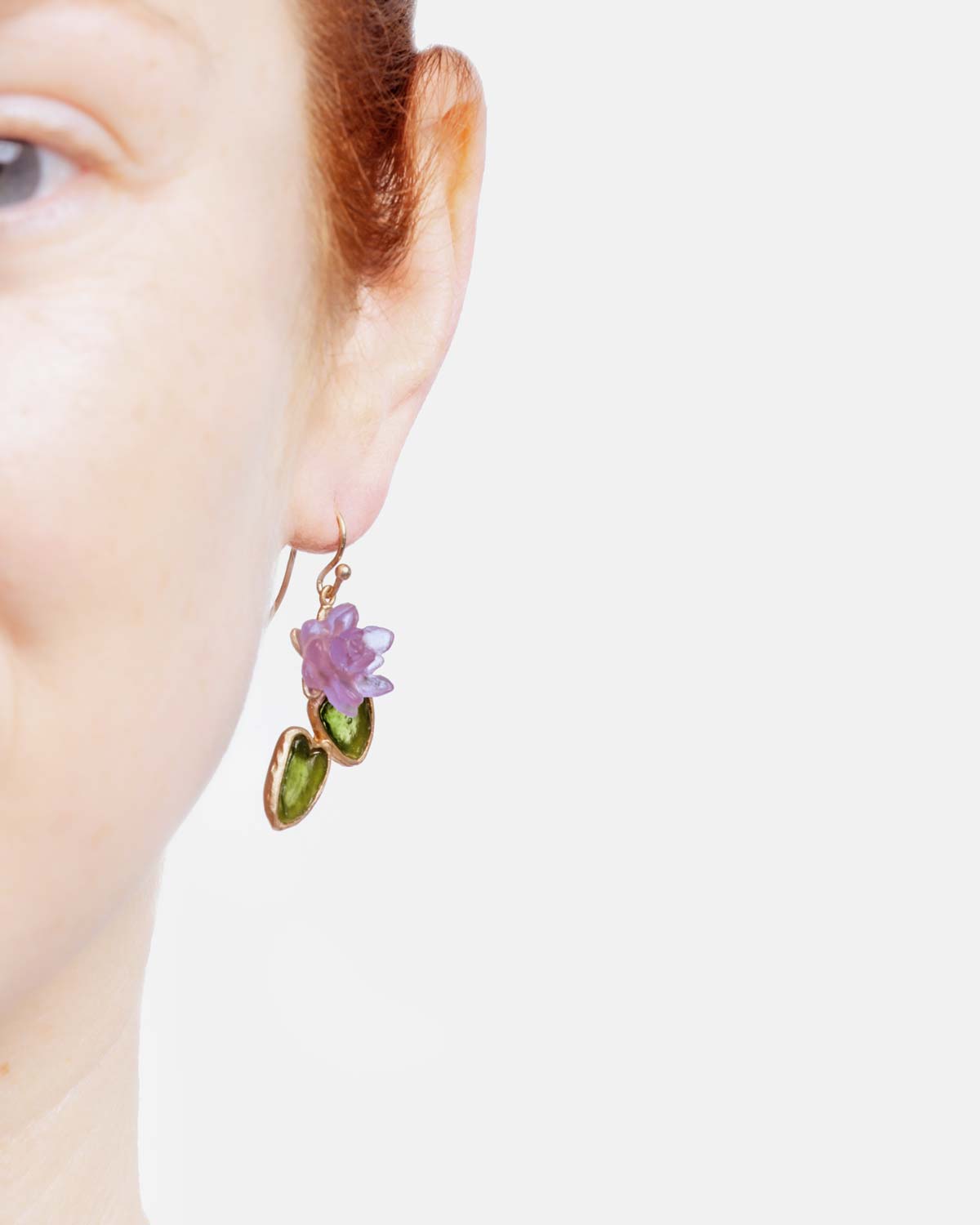 Water Lily Drop Statement Wire Earrings - Green and Lavender