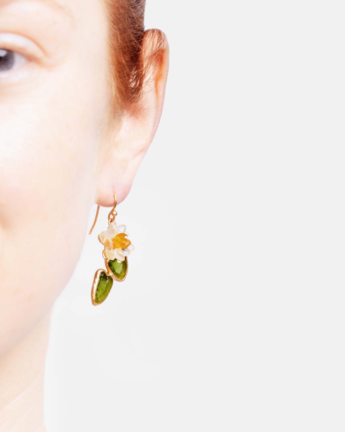 Water Lily Drop Statement Wire Earrings - Dark Green, Frosted Clear, Butterscotch