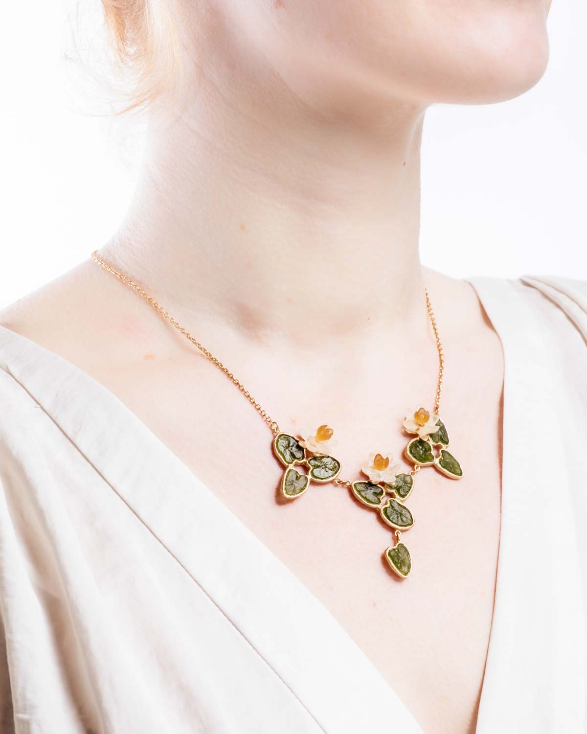 Water Lily 16" Adj. Statement Necklace - Dark Green, Frosted Clear, Butterscotch