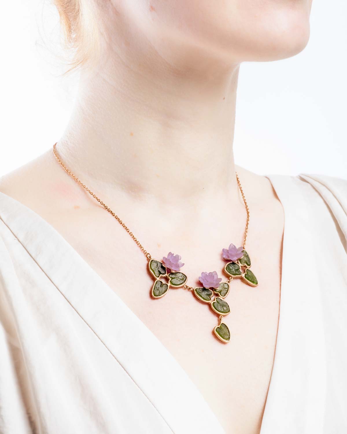 Water Lily 16" Adj. Statement Necklace - Dark Green and Lavender