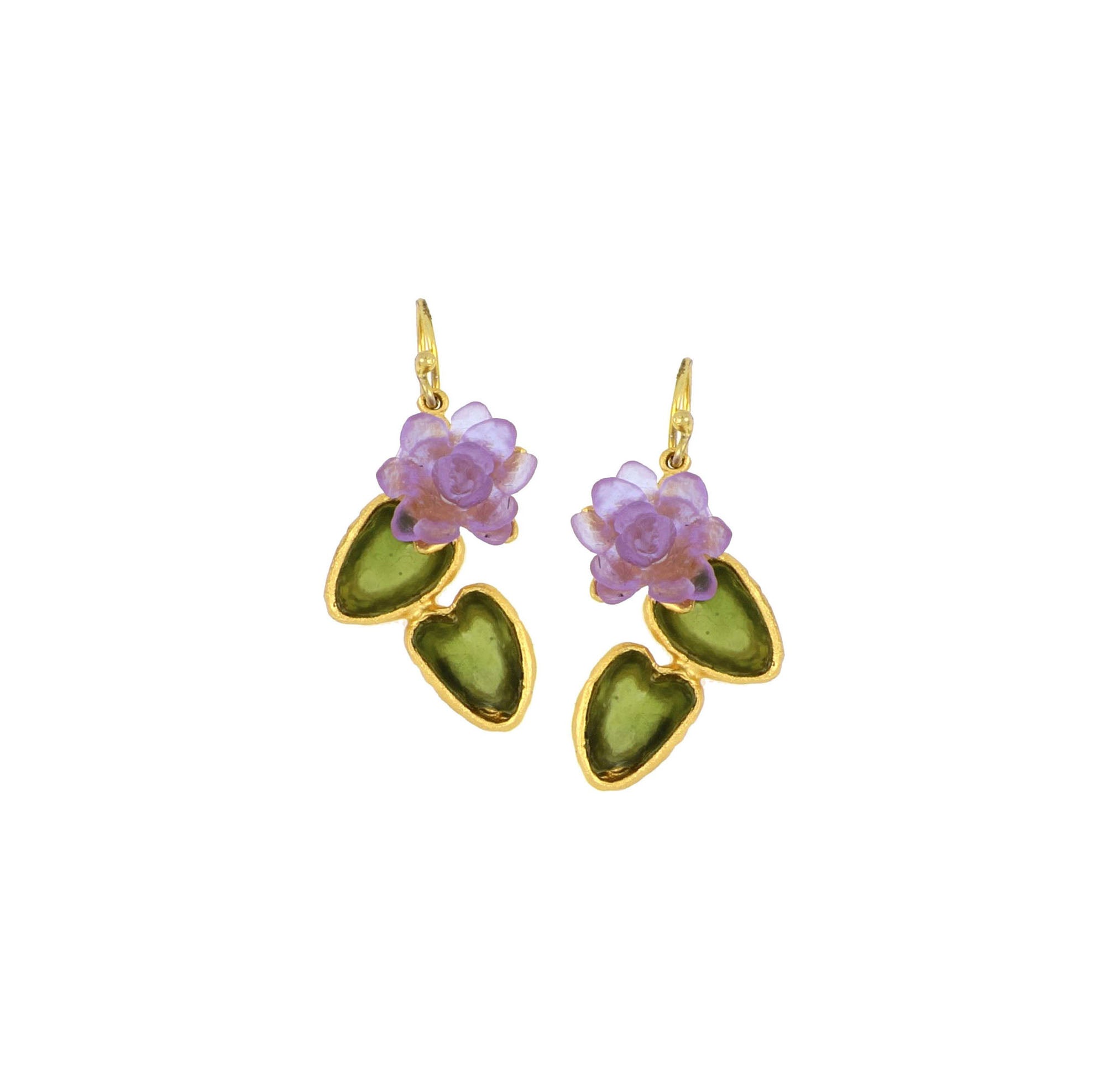 Water Lily Drop Statement Wire Earrings - Green and Lavender