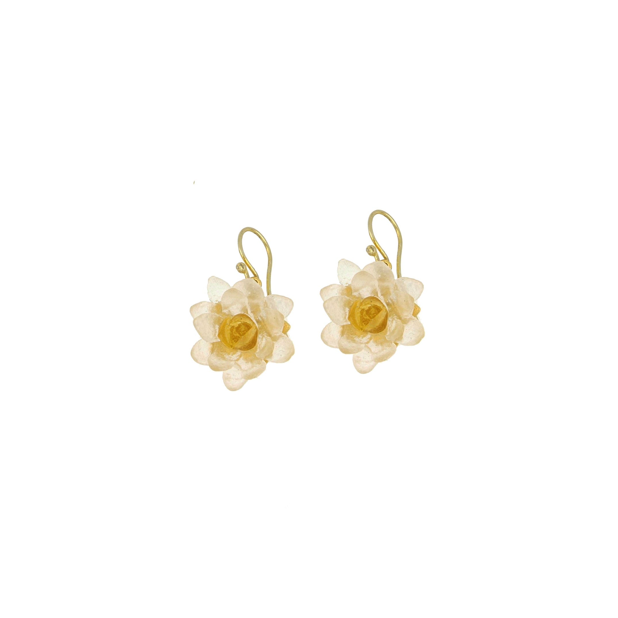Water Lily Flower Wire Earrings - Frosted Clear and Butterscotch