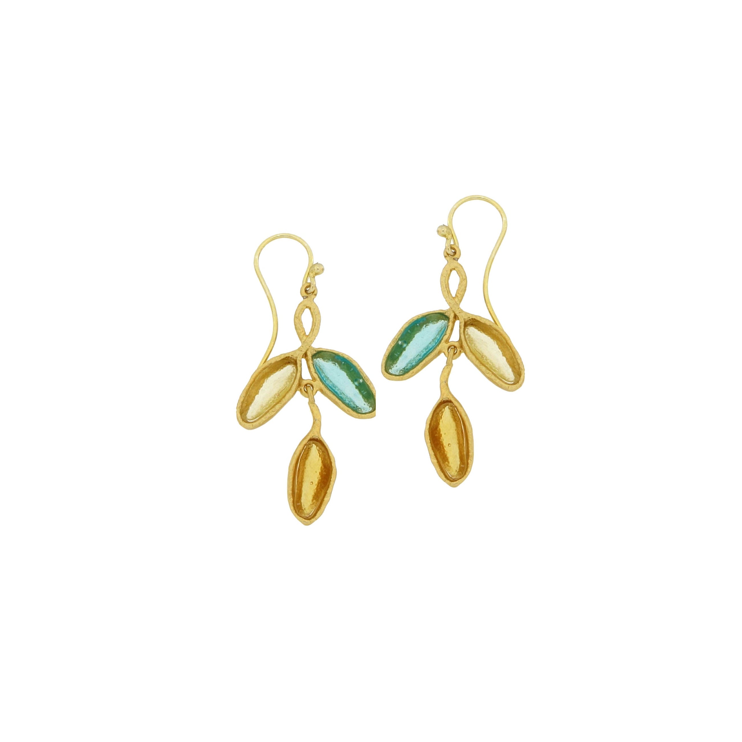 Sage 3-Leaf Drop Wire Earrings - Teal, Amber, Dark Green