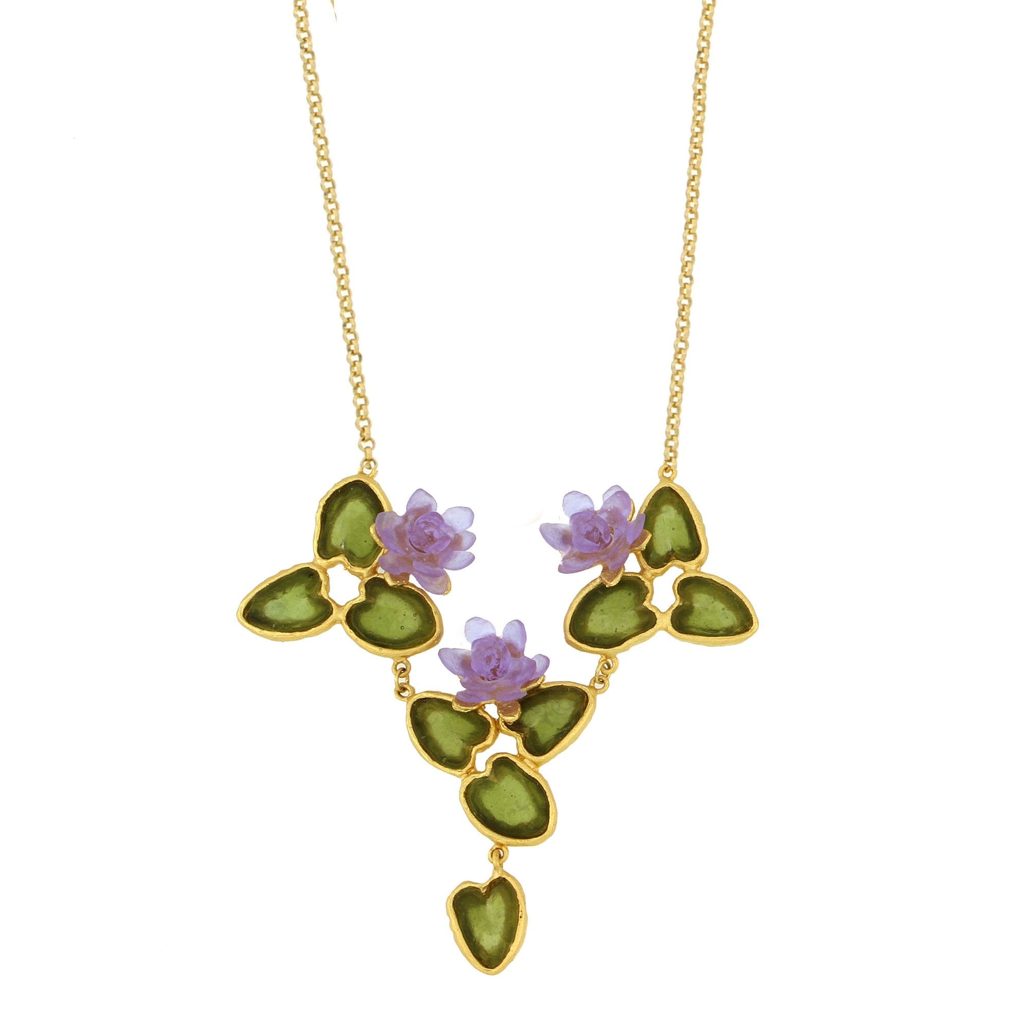 Water Lily 16" Adj. Statement Necklace - Dark Green and Lavender
